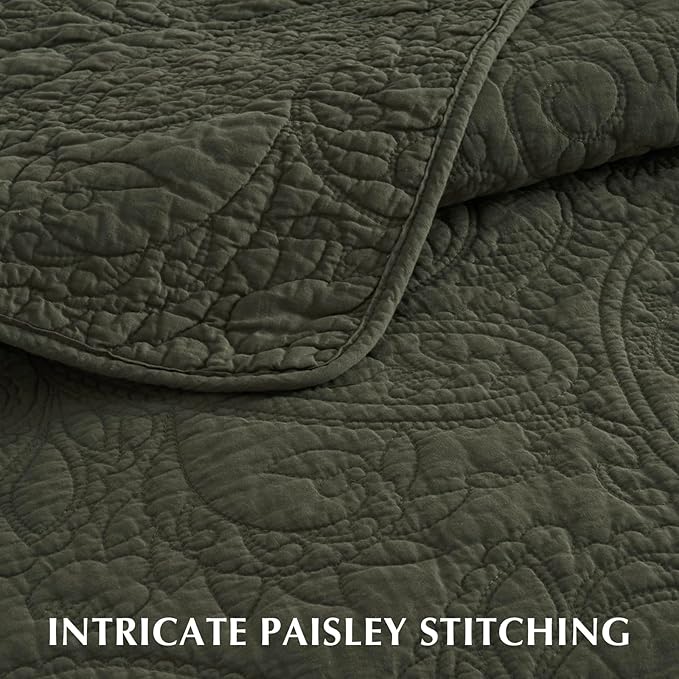 EVERGRACEHOME 100% Cotton Paisley Quilt Set, Queen Size, Olive Green | Prewashed for Softness, Year-Round Breathability, Gift-Ready Box, Matelasse-style Quilted Coverlet, 3 Piece Set with 2 Shams