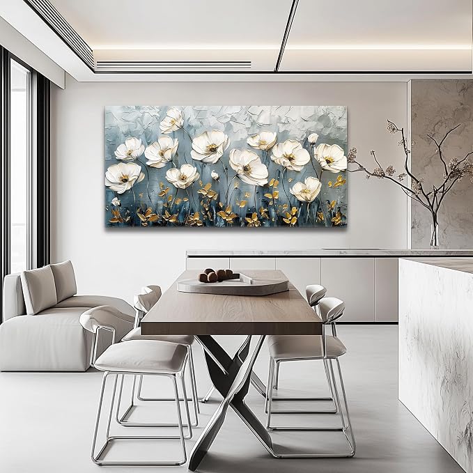 QIYILEXWART Large Wall Decor For Living Room Canvas Wall Art For Office Modern Wall Decorations For Bedroom Textured White Flower Landscape Painting Farmhouse Pictures Artwork Room Home Decor 24x48