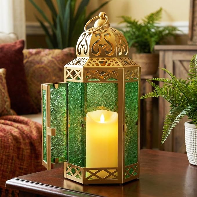 Vela Lanterns 12" Metal Moroccan Decorative Candle Lantern Holders for Hanging or Table, Indoor Home Decor, Outdoor Patio or Porch, Weddings, Gold, Green Glass, Large