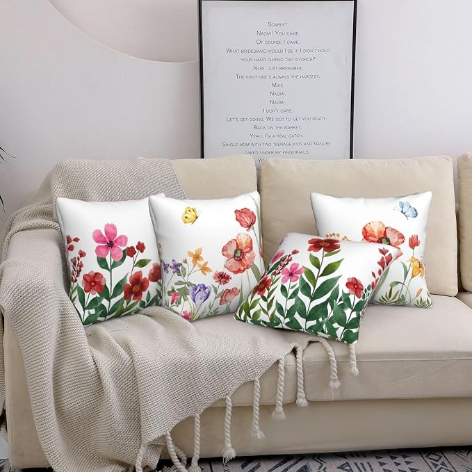 Spring Floral Throw Pillow Covers 18x18 inch Set of 4 Butterfly Pillow Cases Wildflower Farmhouse Decorative Cushion Covers for Sofa Couch