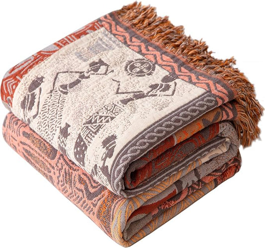 Phuryllic Boho Throw Blanket Full Size, Extra Large Soft Cozy Cotton Muslin Quilt Blanket for Bed Decor, Patchwork Block Couch Sofa Chair Cover, Vintage Farmhouse Cottage Woven Blanket, Red&Orange