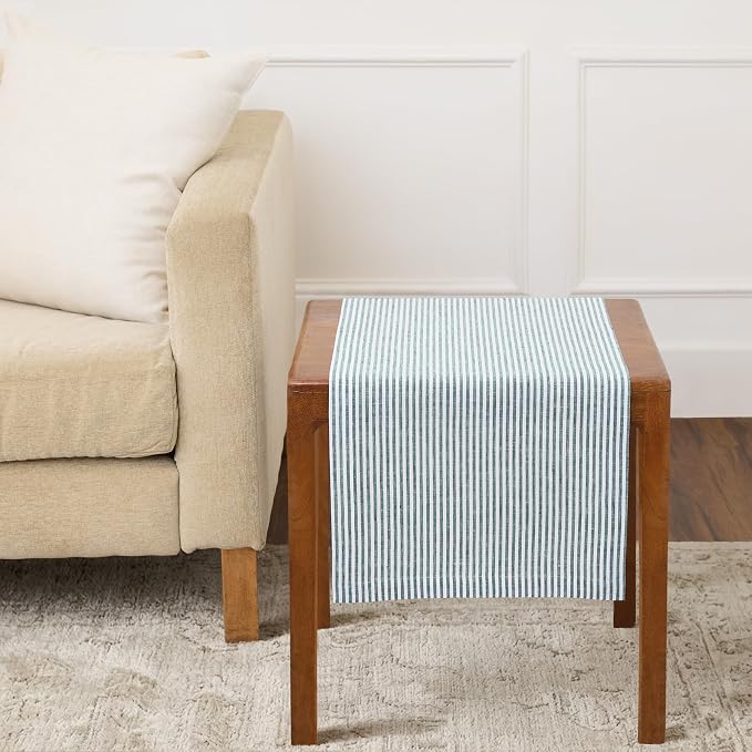 Solino Home 100% Linen Table Runner, 14 x 36 in, Rainforest, Narrow Stripe | styles dining tables for meals and celebrations, woven stripe, European flax fibres, easy to care for, OEKO-TEX Certified
