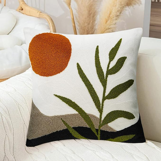 Merrycolor Boho Decorative Throw Pillow Covers 18x18 Tufted Green Decorative Pillows Covers Sun Leaf Mid Century Modern Throw Pillows for Bed Couch Sofa Living Room 1PC(Black and Green)