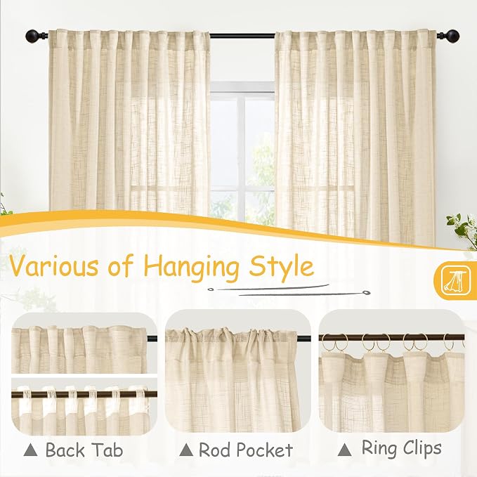 YoungsTex Burlap Natural Linen Curtains 45 Inch Length, Short Drapes Textured Semi Sheer with Rod Pocket Back Tab Lightweight for Living Room Window, 2 Panels,42 X 45 Inch