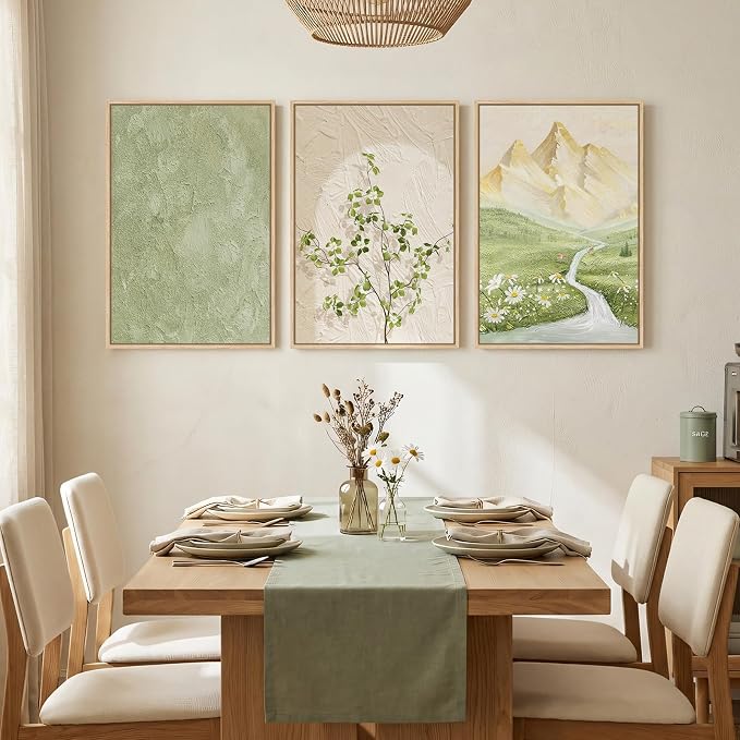 Framed Sage Green Landscape 3 Piece Wall Art for Living Room, Neutral Beige Mountain Botanical Print Canvas Artwork for Walls, Modern Nordic Rustic Nature Wall Decor for Bedroom Home Office, 16x24 In