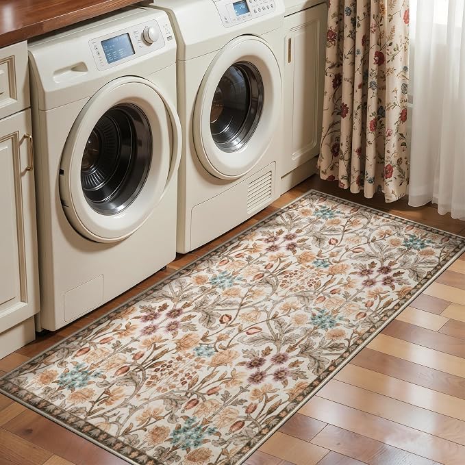 Ciicool 2x4 Small Rug for Entryway Runner Kitchen Floral Washable Area Rugs | Low Pile Soft Boho Non Slip Carpet for Entrance Hallway Laundry Bedroom Carpets
