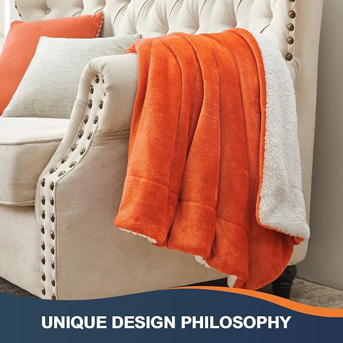 Walensee Sherpa Fleece Blanket (Throw Size 50”x60” Orange) Plush Throw Fuzzy Super Soft Reversible Microfiber Flannel Blankets for Couch, Bed, Sofa Ultra Luxurious Warm and Cozy for All Seasons