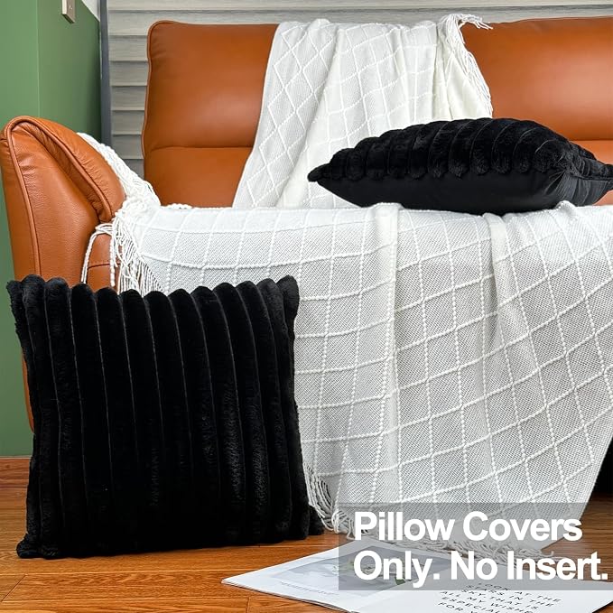 COTEY 18x18 Decorative Faux Fur Throw Pillow Covers Set of 2- Black