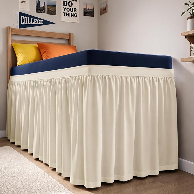 Dorm Room Bed Skirt Full XL - College Dorm Essentials - Off White, 34 Inch | Extra Long Dust Ruffled College Bedskirt with Split Corners, Easy Fit Elastic Strap, Adjustable, Fade & Wrinkle Free