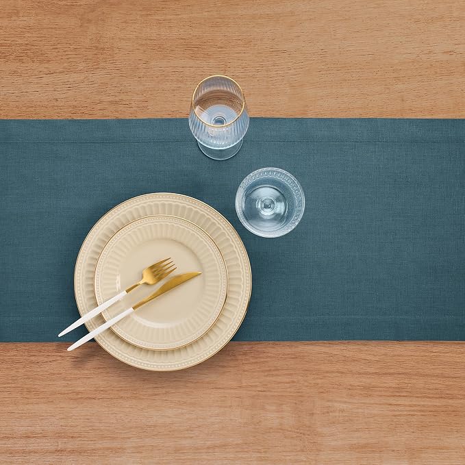 Solino Home 100% Linen Table Runner Peacock Blue Woven, Fete 14 x 36 in | styles dining tables for meals and celebrations, European flax fibres, soft to the touch, Peacock Blue, OEKO-TEX Certified