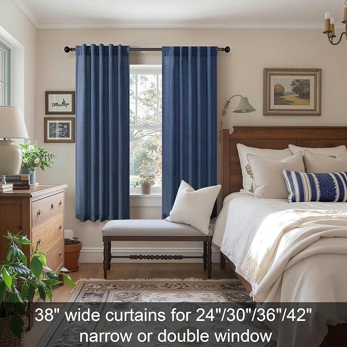 Navy Curtains 38 Inch Width for Kitchen Door 2 Panel Back Tab Pocket Semi Sheer Linen Light Filtering Skinny Small Window Curtain for Bedroom Closet Laundry Basement Bathroom Wide 38x63 Long Dark Blue