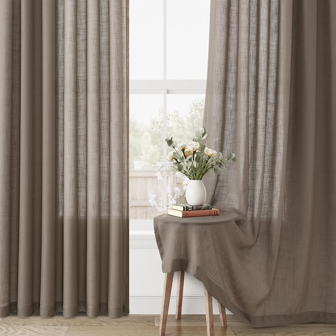 Taupe Grey Linen Curtains 102 Inch Semi Sheer Rod Pocket 52x102