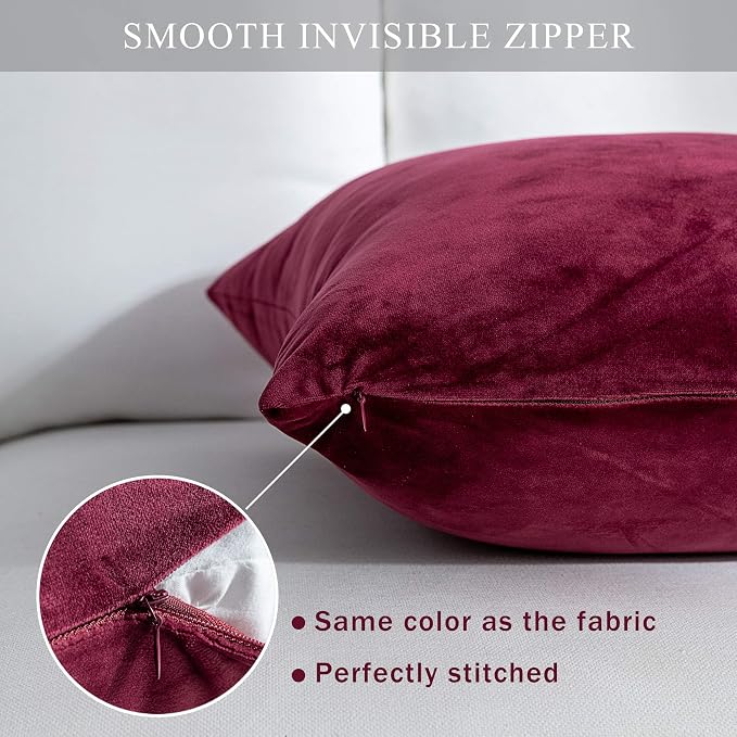 Stellhome Pack of 2 Christmas Decorative Velvet Pillow Covers Square Soft Cushion Covers for Bed Couch Sofa Bench, 22 x 22 inch (55 x 55 cm), Burgundy