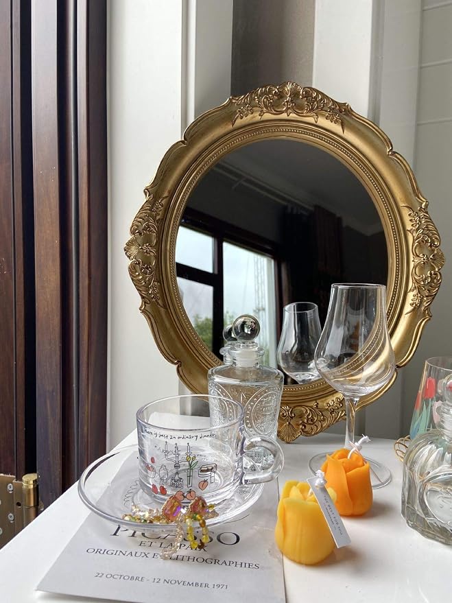 Vintage Carved Decorative Wall Mirror, 15”x 13.4” Hanging Mirror for Dresser Decor Bedroom Living-Room, Cosmetics Jewelry Dresser Organizer Tray (Golden-Oval)