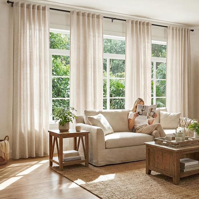 jinchan Linen Curtains Light Filtering Back Tab 50x84 Inch 2 Panels Beige | Semi Sheer Curtains 84 inch length for Bedroom Living Room, Modern Farmhouse Drapes with Rod Pocket, Natural Boho Curtains