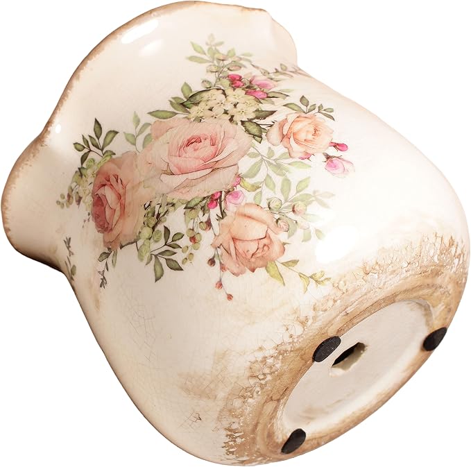 Ceramic Flower Vase, Rustic Farmhouse Vases & Planting Pots with Drainage | Decorative Utensil Vase, European Cottage Home Decor, Mantel Fireplace Bookshelf Wedding Centerpieces, Pink Rose Floral
