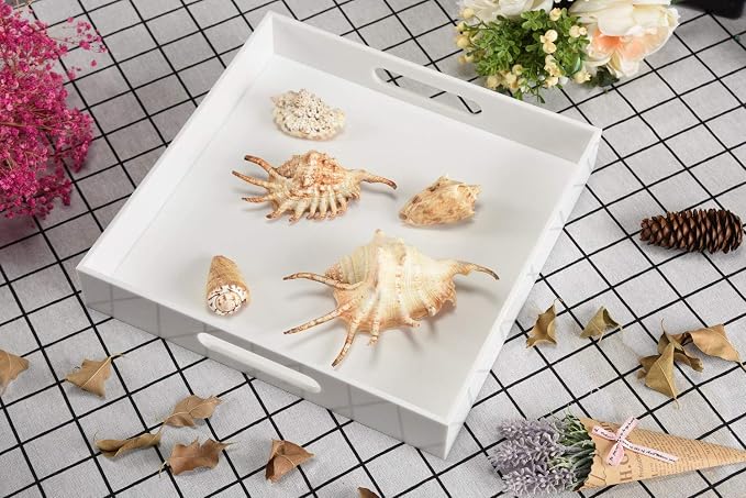 Glossy White Sturdy Acrylic Serving Tray with Handles-12x12Inch-Serving Coffee,Appetizer,Breakfast,Butler-Kitchen Countertop -Cosmetics Organizer-Vanity Table Tray-Ottoman Tray-Decorative
