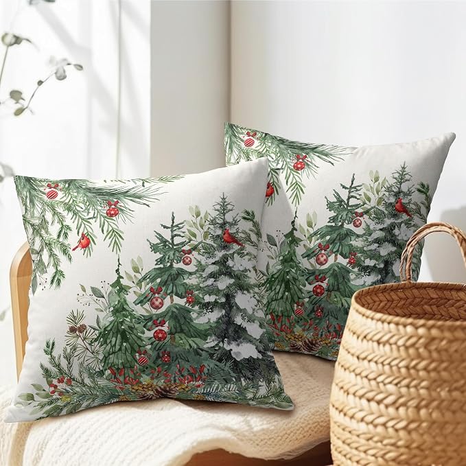 Green Christmas Tree Throw Pillow Covers 16x16 Inch Set of 2 Winter Pine Trees Red Berry Bells Birds Decorative Pillowcase Xmas Holiday Cotton Linen Cushion Cover for Home Sofa Couch Patio