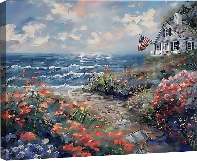 Patriotic Coastal Landscape Framed Canvas Wall Art, Vintage American Flag Canvas Print, Perfect 4th of July Holiday Decor for Living Room, Bedroom, Office and Home Decoration, Made USA