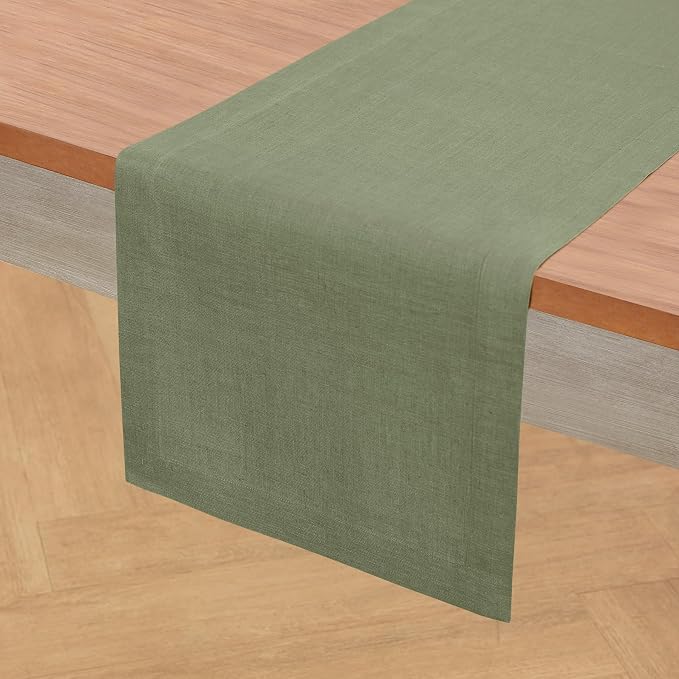 Solino Home 100% Pure Linen Table Runner Oil Green Woven, Fete 14 x 48 in | a graceful centrepiece for dining and gatherings, European flax fibres, gift ready packaging, Oil Green, OEKO-TEX Certified