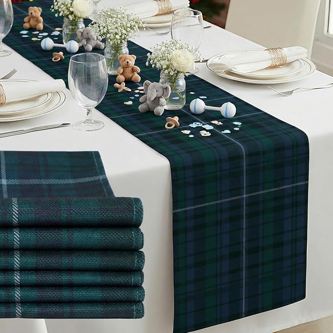 Gilprop 6 Pcs 72 x 13'' Tartan Plaid Table Runner Blue and Green | Vintage Bear Babyshower Birthday Party Dining Decor, Checkered Cloth for Home Kitchen Farmhouse, Reusable Fabric Sets