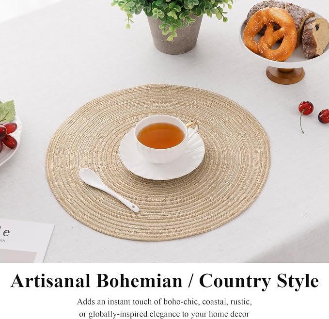 SHACOS 15 inch Round Placemats Set of 6, Cotton Polyester Woven Braided Place Mats, Washable Heat Resistant Circle Table Mats for Dining Table (Beige, 6)