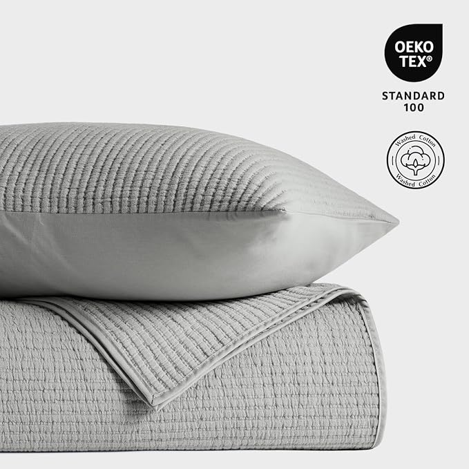 EVERGRACEHOME Cotton Ribbed Matelassé Coverlet Set, King Size, Fog Gray | Soft Lightweight Bedspread, 3 Pieces, Breathable Cozy Oversized Quilted Bedding Set for All Seasons, with 2 Pillow Shams