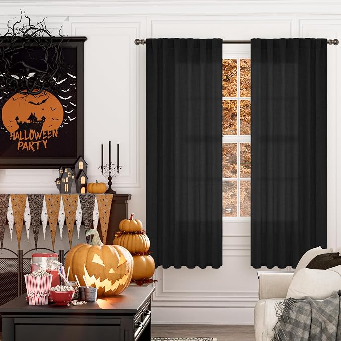 YoungsTex Black Linen Semi Sheer Curtains 52 X 72 Inch Length 2 Panels | Light Filtering Drapes with Rod Pocket Back Tab Gothic Decorative for Bedroom Dining Living Room