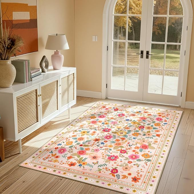 Washable Floral Area Rug for Living Room 4x6 Pink Beige | Non-Slip，Vacuum-Friendly, Low Pile, Flower Carpet for Bedroom Kitchen Entryway Dining Room Office Nursery