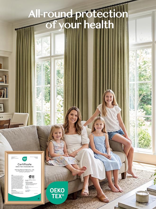 Liz Pinch Pleated Linen Curtains Light Filtering Curtains for Living Room, Farmhouse Window Curtains for Bedroom, Modern Drapes with Hooks and Rings, 90 Inches Long, Olive Green, 2 Panels Set