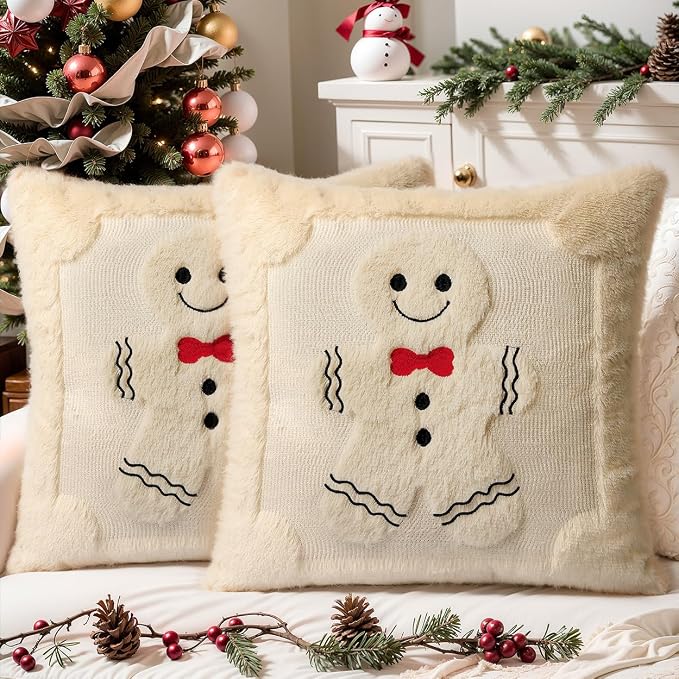Christmas Pillow Covers Set of 2 Soft Plush Faux Fur Pillow Cases 3D Embroidered Decorative Couch Cover Home Decor Christmas Throw Pillow Covers 18x18,Beige Gingerbread Man