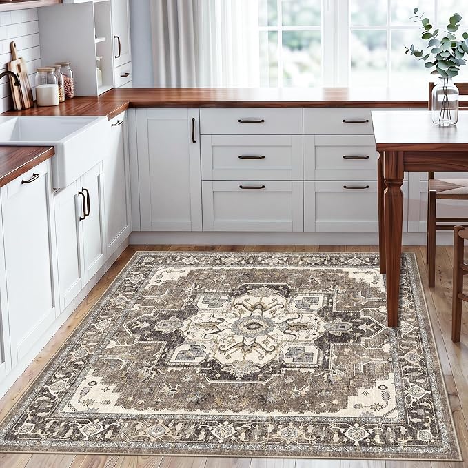 Washable 4x4 Square Area Rug: Indoor Vintage Non-Slip Kitchen Rugs with Rubber Backing for Bedroom Entryway Soft Thin Stain Resistant Carpet Home Decor Floor Mat for Dining Room Bathroom (Beige,4x4)