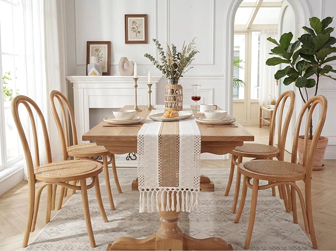 FEXIA Boho Table Runner for Fall Home Decor 12x48 Rustic with Tassels | 48 Inches Long Farmhouse Kitchen Dining Room Macrame Burlap Coffee Table Decoration Dresser Runner Pottery Barn Furniture