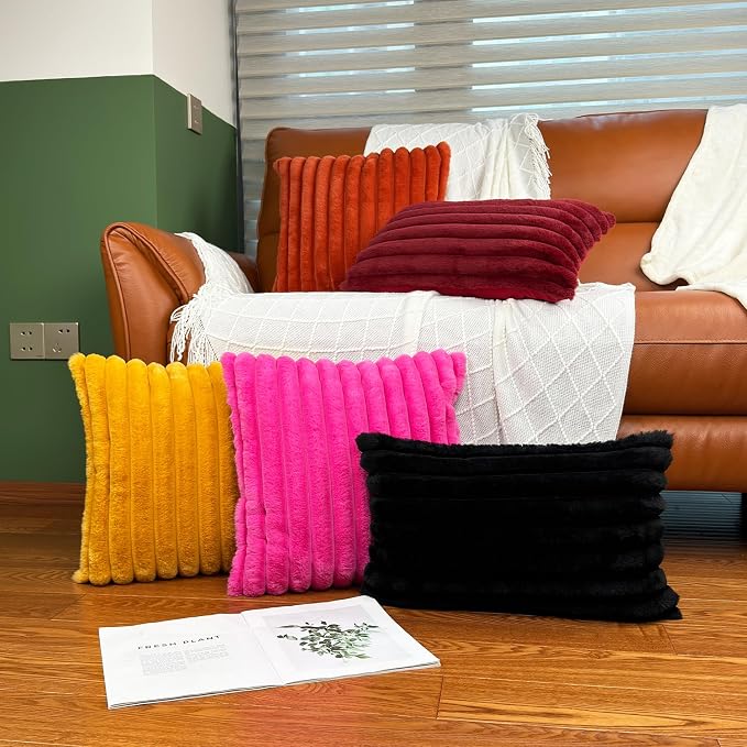 COTEY 12x20 Decorative Faux Fur Throw Pillow Covers Set of 2- Black