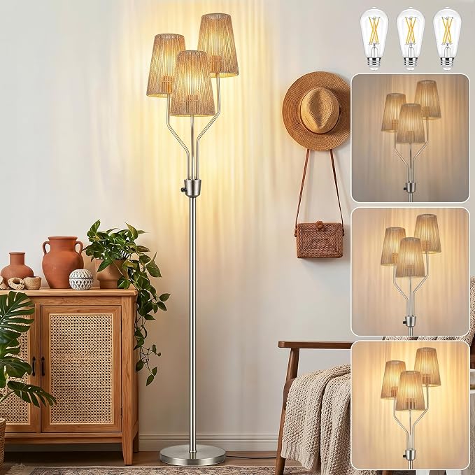 Bairth Boho Floor Lamp, Farmhouse Rattan 3-Light Floor Lamp for Living Room