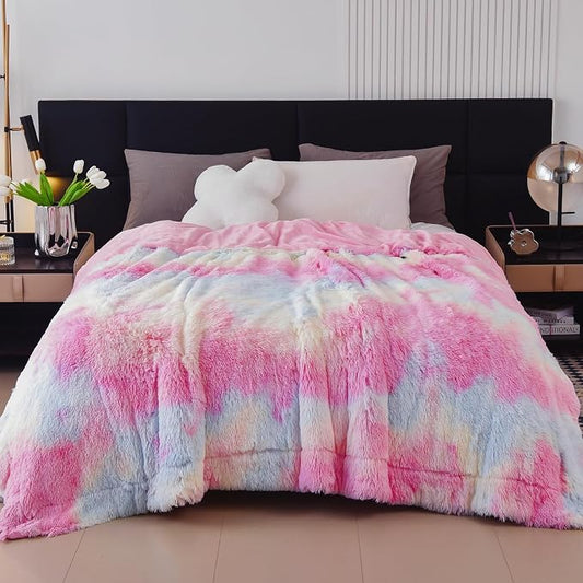 GONAAP Fuzzy Faux Fur Queen Blanket for Couch, Tie-dye Rainbow, 90"x90" | Warm Cozy Plush Shaggy Decorative Reversible Thick Non-Heated Fleece Blanket for Sofa Bed, Gift for Women Men, All Season Use