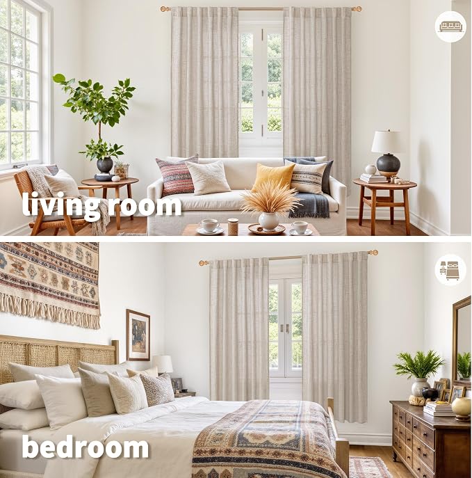 YoungsTex Linen Semi Sheer Curtains 72 Inch Length, Light Filtering Drapes | Beige Window Treatments with Rod Pocket Back Tab Rustic for Bedroom Dining Living Room, 2 Panels, 52 X 72 Inch