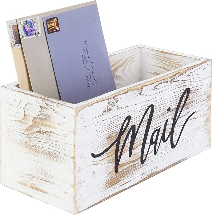 MyGift Whitewashed Wood Mail Holder Organizer Box With MAIL Design