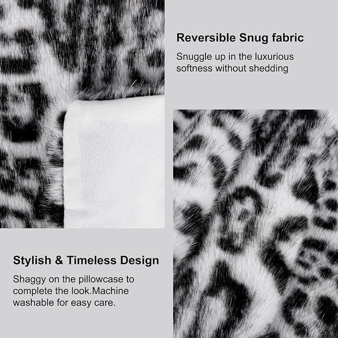 cygnus Snow Leopard Pillow Covers 18x18 inch Set of 2 | Black and White ,Soft Faux Fur Animal Print Throw Pillow Covers,Cheetah Pillowcase for Couch Sofa Bedroom Livingroom