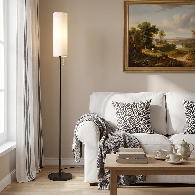 Ambimall 64" Floor Lamp with Bulb & Lampshade & Chain Switch, White & Black