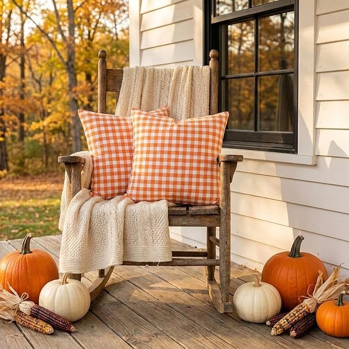 Burnt Orange Fall Gingham Plaid Pillow Covers 18x18 for Outdoor Porch Patio | Set of 2, Thanksgiving Autumn Pillow Cover 18 x 18, Farmhouse Pillow Covers, Aesthetic Fall Decor, Fall Front Porch Decor