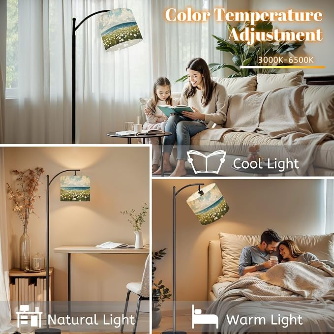 Arc Floor Lamp Farmhouse Boho Beach Coastal Vintage Floral Ocean Daisy Flowers Sea Dimmable Modern Standing Lamp with Remote Adjustable Drum Shade Footswitch Tall Pole Lamp for Living Room Bedroom