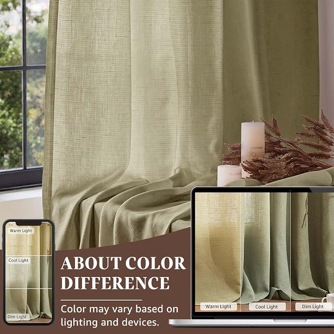jinchan Linen Curtains Light Filtering Back Tab 50x84 Inch 2 Panels Green | Semi Sheer Curtains 84 inch length for Bedroom Living Room, Modern Farmhouse Drapes with Rod Pocket, Natural Boho Curtains
