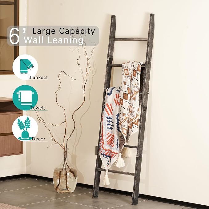 Blanket Ladder 6-Tier Washed Black, Rustic Towel & Quilt Display Rack | rustic black ladder for living room, bedroom or bathroom. Holds quilts, towels & blankets. Sturdy 6-tier wood. Easy assembly