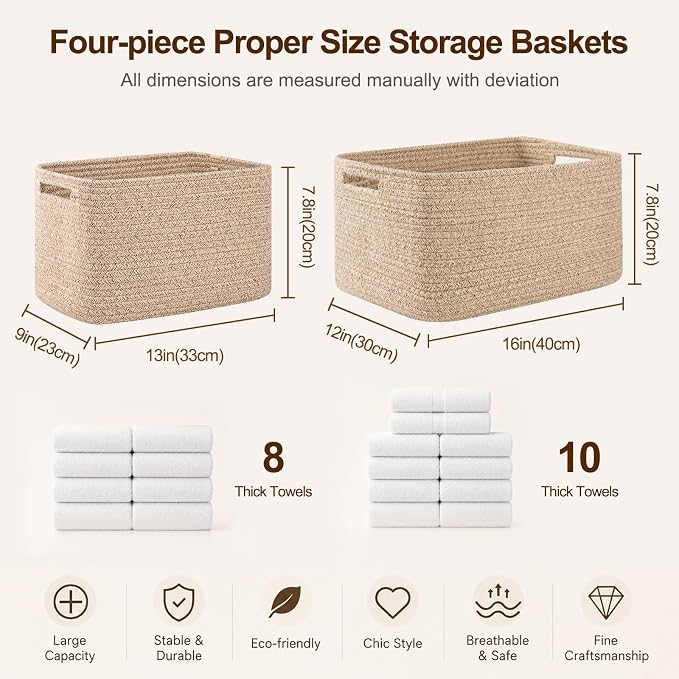 OIAHOMY 4 Pack Storage Baskets for Organizing 15L Cube Storage Bins Brown | Woven Baskets for Storage Rectangle Small Baskets With Handles Baskets for Shelves Wicker Baskets for Shelves 12.7x9x7.8inch