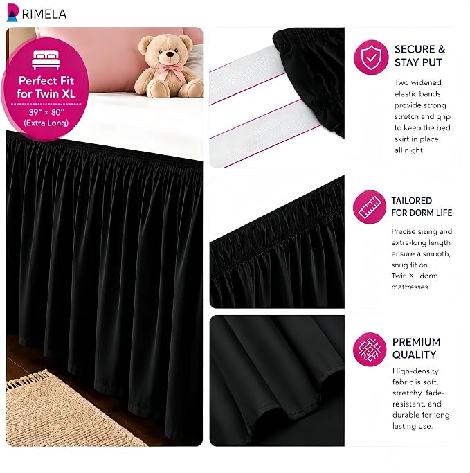 Dorm Room Bed Skirt Twin XL 42" Drop, College Split Corner Bedskirt, Black | Solid ruffled, Wrap-around/elastic, Wrinkle & Fade resistant, with Adhesive Strips, Gift Packed, Machine Wash/Tumble Dry/Iron