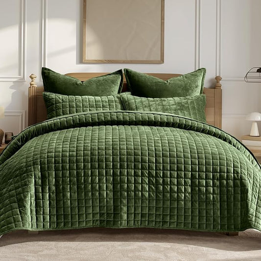 RECYCO Channel Box Stitch Velvet Quilt Set, King Size, Loden Green | Ultra Soft Lightweight Velvet Comforter, Luxury Oversized Bedspread Coverlet, Quilted Bedding Set for All Season with 2 Shams