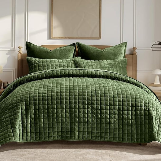 RECYCO Channel Box Stitch Velvet Quilt Set, Full Queen Size, Loden Green | Ultra Soft Lightweight Velvet Comforter, Luxury Oversized Bedspread Coverlet, Quilted Bedding Set for All Season with 2 Shams