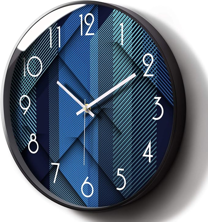 Silent Non-Ticking Analog Wall Clock, Geometric Blue Print, 14'' | Battery Operated, Modern, Metal Frame & HD Tempered Glass, Decorative for Home & Office, Bedroom, Kitchen, Living Room