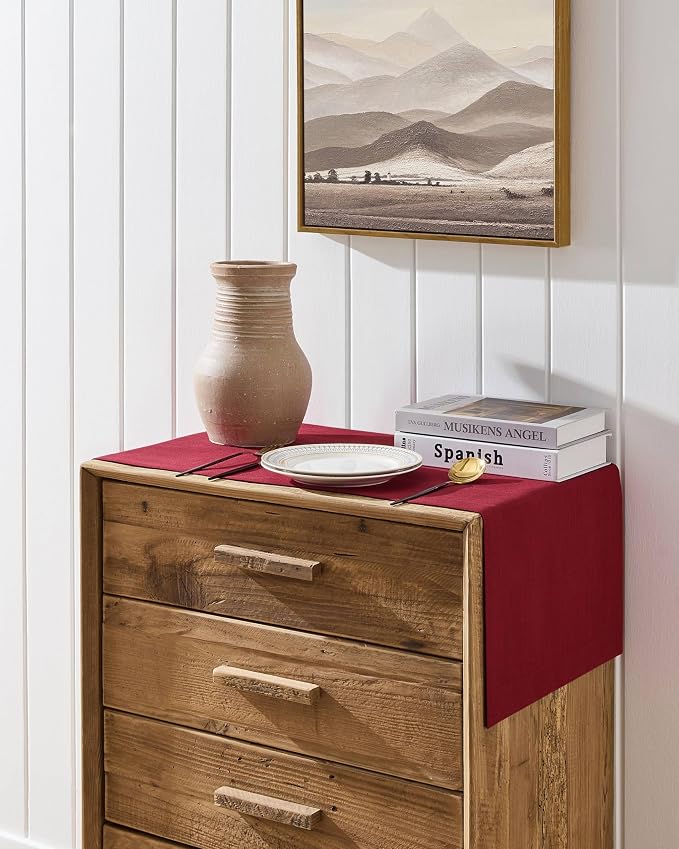 ZeeMart Linen Textured Border Table Runner, 14 x 48 Inch Red | Mitered Corner Design, Medium Weight Fabric, Modern Farmhouse Style, Machine Washable Easy Care Everyday Table Scarf